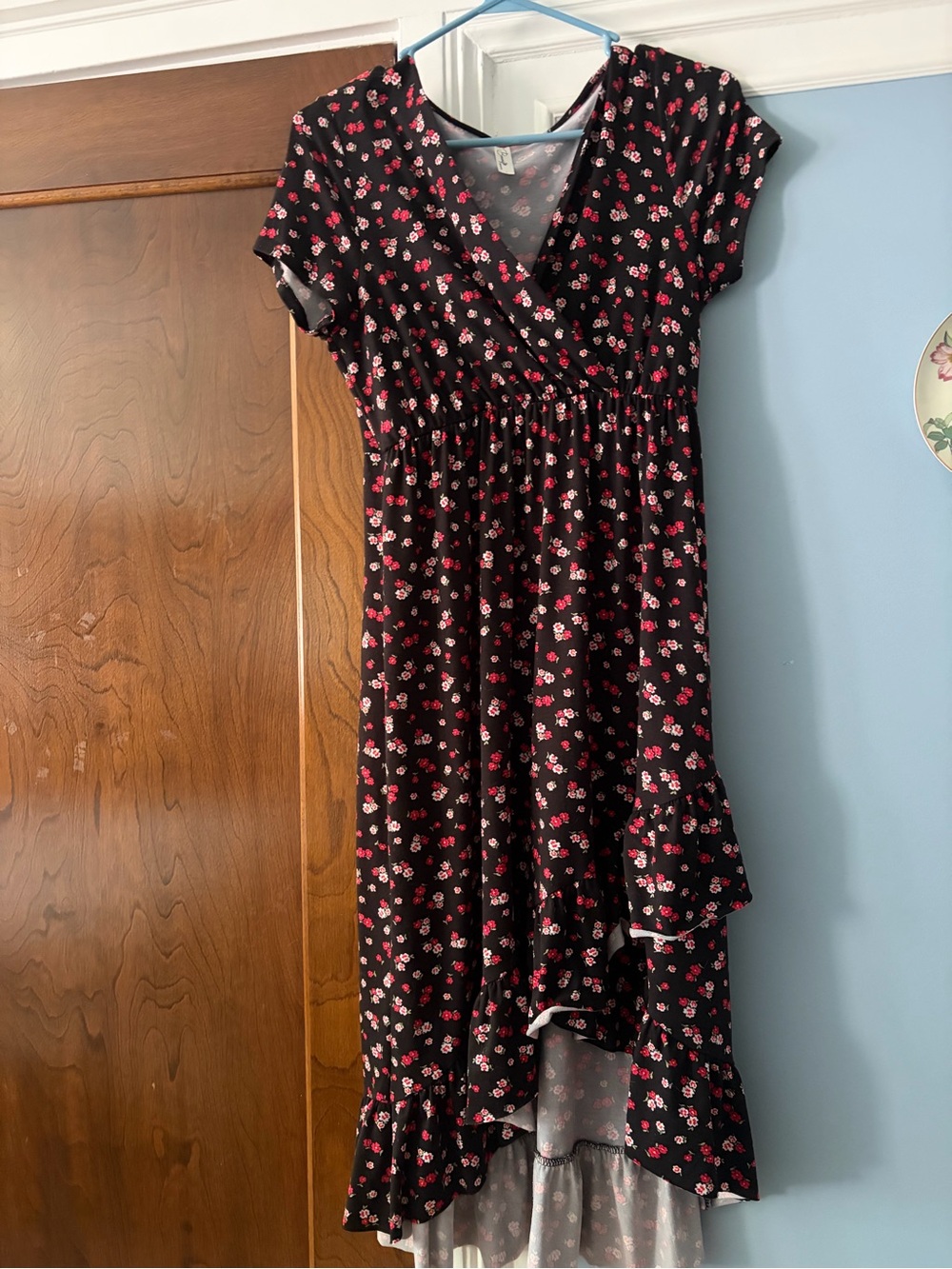 Black white and red ditsy floral ruffle midi dress